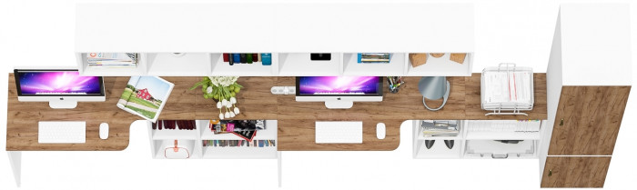 Лидер-8 Стол + Полка + Стол + Полка + Пенал МД 23Б, белый шагрень/крафт золото