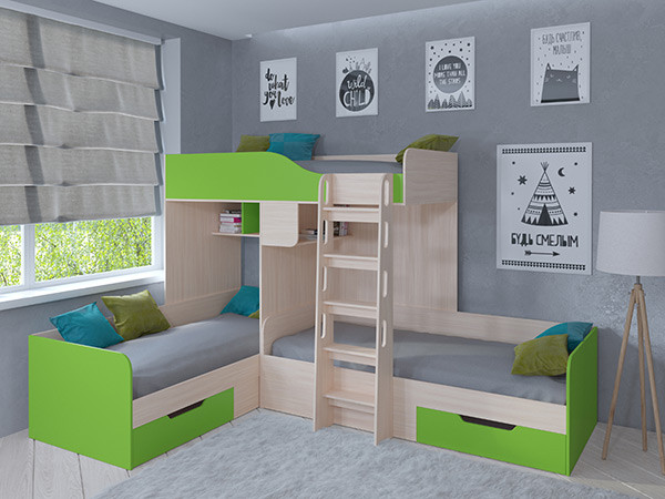 Кровать двухъярусная Трио Дуб молочный/Салатовый