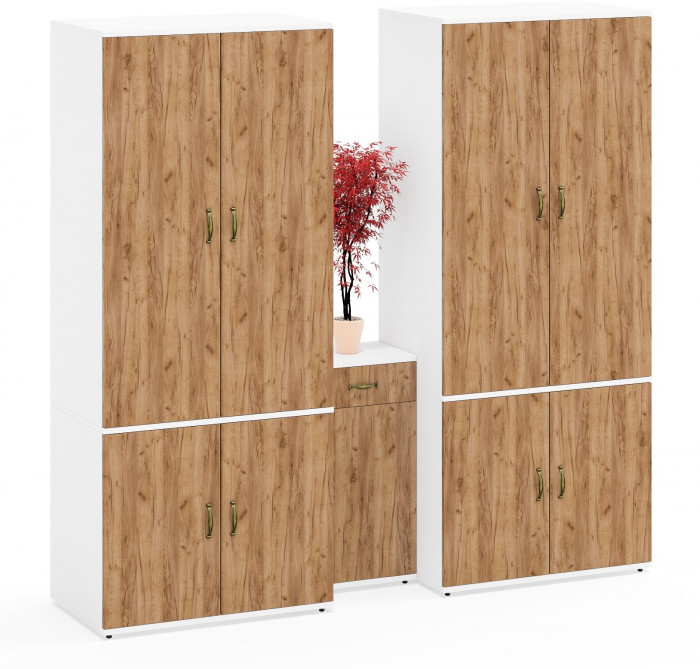 Лидер-8 Шкаф МД 19Б + Шкаф МД 19Б + Тумба МД 3.15, цвет белый шагрень/крафт золото, ШхГхВ 200х50х190 см., универсальная сборка