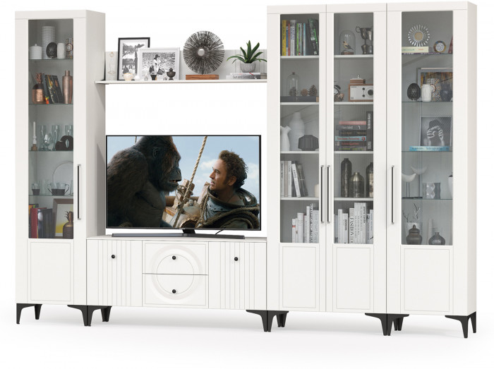 Валенсия Гостиная № 067, цвет ЛДСП белый шагрень/МДФ белый шагрень, ШхГхВ 327,2х38,3х225,2 см., ниша для ТВ 133х38х117 см., универсальная сборка