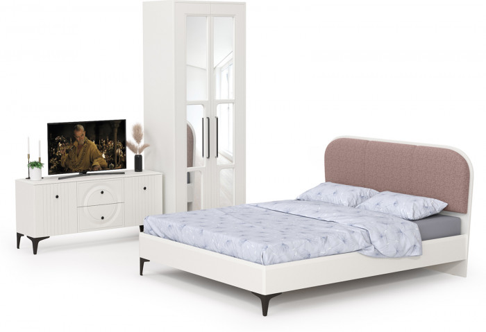 Валенсия Спальня № 42, цвет ЛДСП белый шагрень/МДФ белый шагрень/ткань велутто 19, ортопед есть, сп. м. 1600х2000 мм., б/м