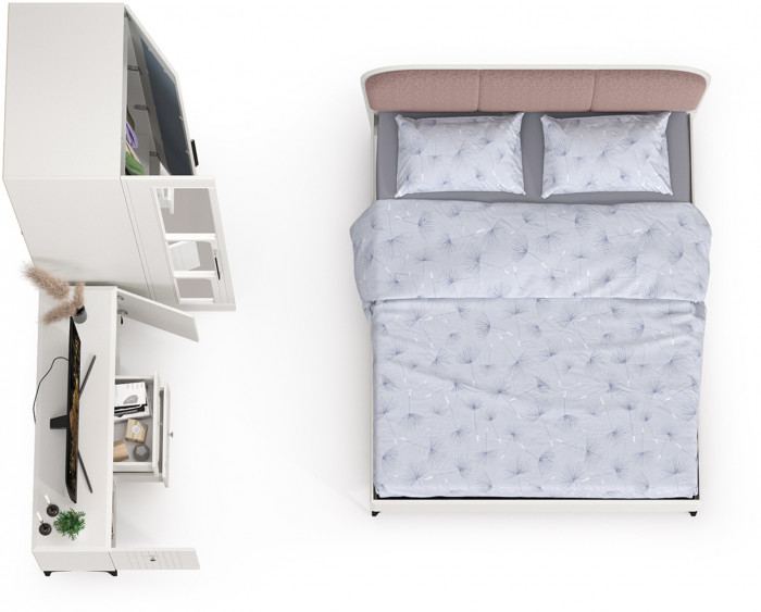 Валенсия Спальня № 42, цвет ЛДСП белый шагрень/МДФ белый шагрень/ткань велутто 19, ортопед есть, сп. м. 1600х2000 мм., б/м