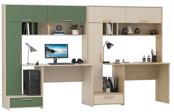 Два Стола письменных Лайт 03.243Н, цвет сатин/дымчатый зелёный/плэйн/сатин, ШхГхВ 300,4х57,3х179,9 см., НЕ универсальная сборка