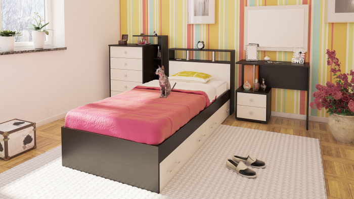 Камелия Кровать с ящиками 0900, цвет венге/дуб лоредо, ШхГхВ 93,5х217х78,2 см., сп.м. 900х2000 мм., без матраса, основание есть