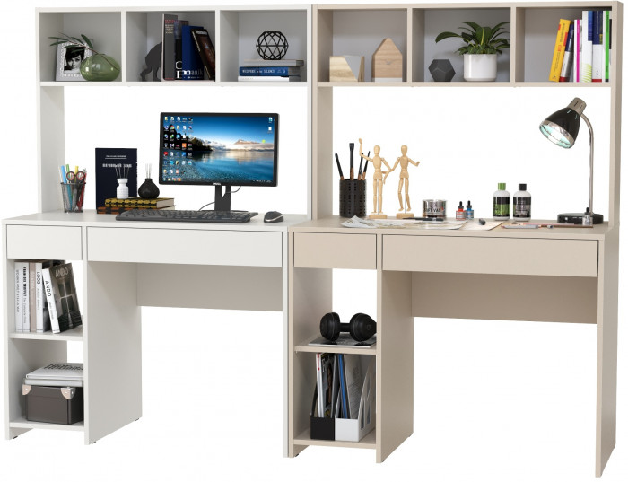 Стол компьютерный Комфорт 12.77F + Стол компьютерный Комфорт 12.77F, цвет белый шагрень/сатин, ШхГхВ 200х49,8х147 см., универсальная сборка