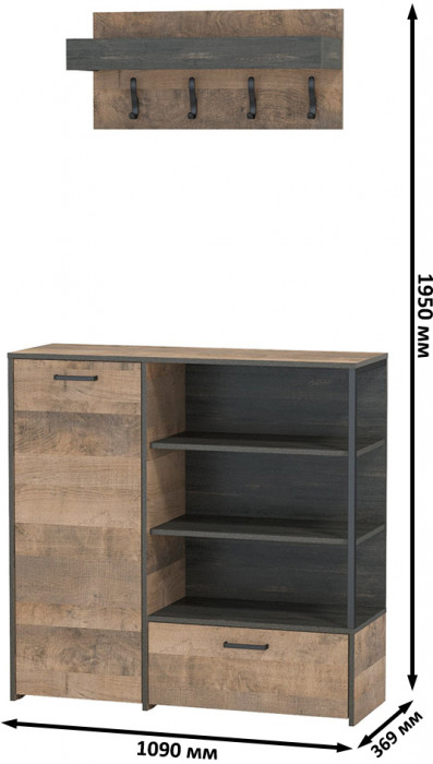 Трувор 13.307.01 Комод + 15.04 Вешалка, цвет дуб гранж песочный/интра, ШхГхВ 109х36,9х195 см., универсальная сборка