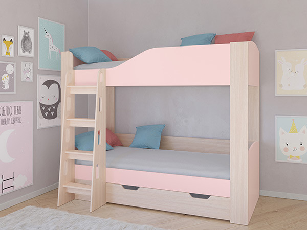 Кровать двухъярусная АСТРА 2 Дуб молочный/Розовый с ящиком