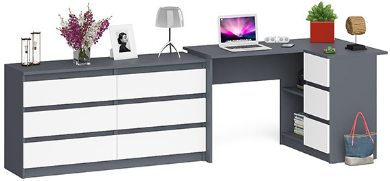 Мори Стол компьютерный МС-16 правый + Комод МК1380.6, цвет графит/белый, ШхГхВ 262,4х84,9х76,6 см., выдвижные ящики справа, НЕ универсальная сборка