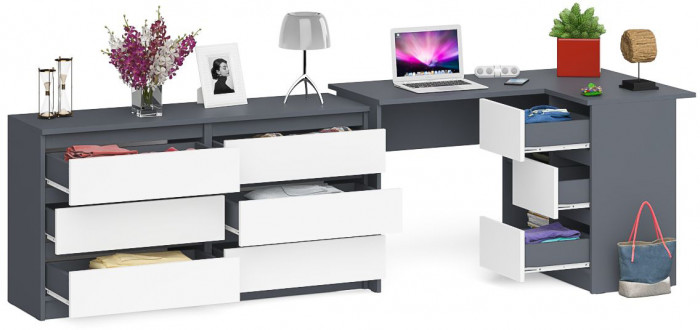 Мори Стол компьютерный МС-16 правый + Комод МК1380.6, цвет графит/белый, ШхГхВ 262,4х84,9х76,6 см., выдвижные ящики справа, НЕ универсальная сборка
