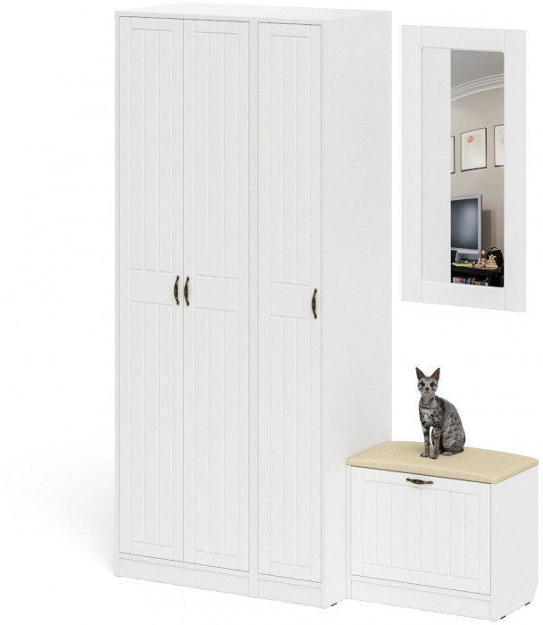 Прихожая П-6 Компоновка № 46, белая шагрень/фасады МДФ белое дерево фрезеровка прованс