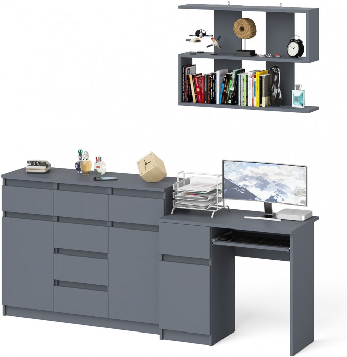 Мори компьютерный стол МС-1 левый + Комод МК1200.4 + Полка 900, графит