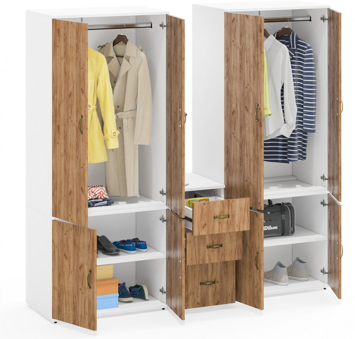 Лидер-8 Шкаф МД 19Б + Шкаф МД 19Б + Тумба МД 3.16, цвет белый шагрень/крафт золото, ШхГхВ 200х50х190 см., универсальная сборка