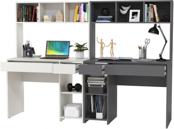 Стол компьютерный Комфорт 12.77F + Стол компьютерный Комфорт 12.77F, цвет белый шагрень/тёмно-серый, ШхГхВ 200х49,8х147 см., универсальная сборка