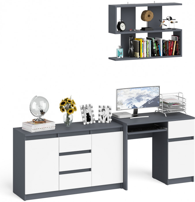 Мори компьютерный стол МС-1 правый + Комод МК1200.3 + Полка 900, графит/белый