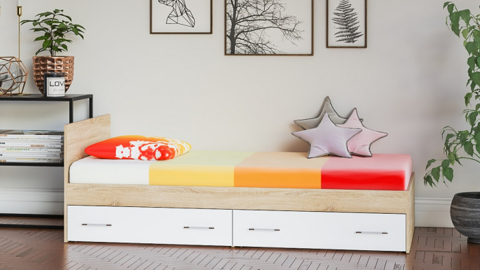 Мори Кровать с ящиками 0900, цвет дуб сонома/белый, ШхГхВ 93,5х203,5х70 см., сп.м. 900х2000 мм., без матраса, основание есть