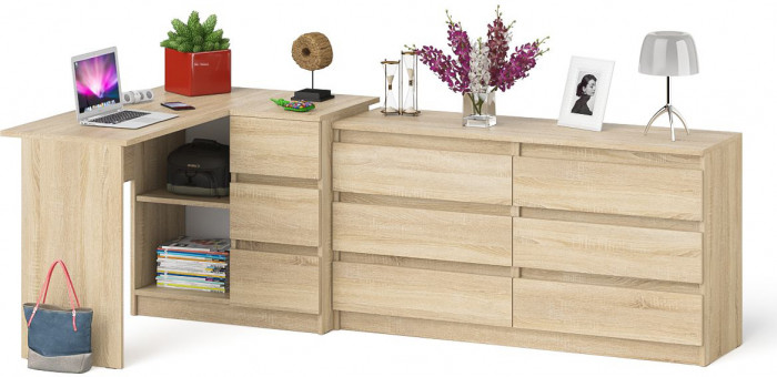 Мори Стол компьютерный МС-16 правый + Комод МК1380.6, цвет дуб сонома, ШхГхВ 262,4х84,9х76,6 см., выдвижные ящики справа, НЕ универсальная сборка