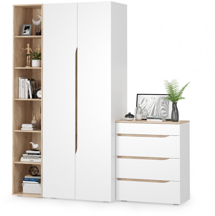 Муссон 13.198 Шкаф двухстворчатый + 13.349 Стеллаж + 13.97 Комод, цвет белый/дуб эндгрейн элегантный, ШхГхВ 204,6х52,3х229,8 см., НЕ универс. сборка