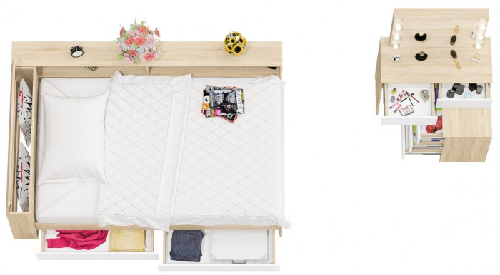 Ксения Кровать с ящиками 1200 + прикроватный блок + Столик с подсветкой 110, дуб сонома/белый