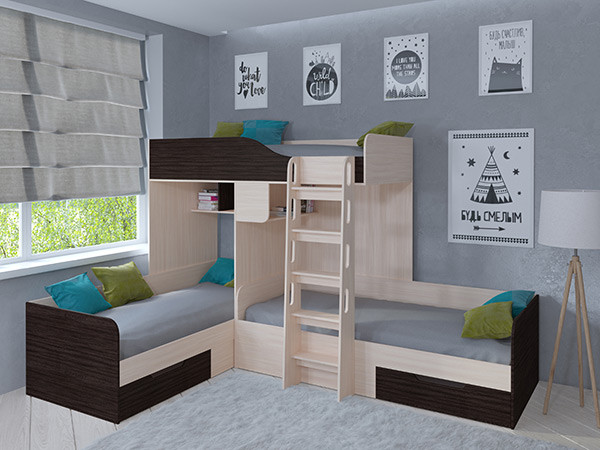 Кровать двухъярусная Трио Дуб молочный/Венге
