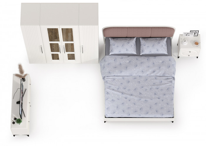 Валенсия Спальня № 44, цвет ЛДСП белый шагрень/МДФ белый шагрень/ткань велутто 19, ортопед есть, сп. м. 1600х2000 мм., б/м