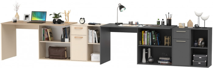 Два Стола письменных Лайт 03.245, цвет сатин/дуб эндгрейн элегантный/тёмно-серый, ШхГхВ 342,9х136х75,2 см.(угл.) или 407,2х68х75,2 см.(пр.), ун. сб.