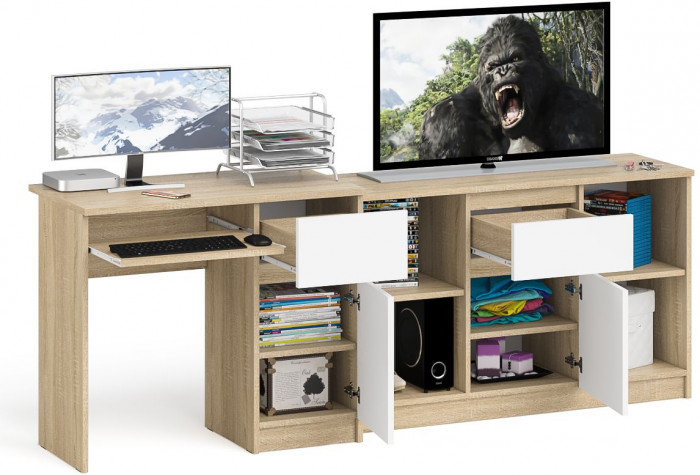 Мори Стол компьютерный МС-1 правый + Тумба МТВ1204.1, цвет дуб сонома/белый, ШхГхВ 210,4х50х76,6 см., выдвижной ящик справа, НЕ универсальная сборка