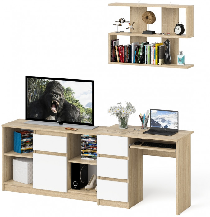 Мори Стол компьютерный МС-6 левый + Тумба МТВ1204.1 + Полка 900, цвет дуб сонома/белый, ШхГхВ 210,4х50х209,6 см., НЕ универсальная сборка
