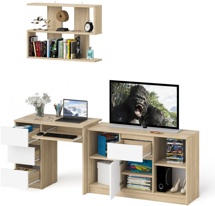 Мори Стол компьютерный МС-6 левый + Тумба МТВ1204.1 + Полка 900, цвет дуб сонома/белый, ШхГхВ 210,4х50х209,6 см., НЕ универсальная сборка