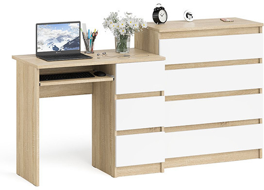 Мори Стол компьютерный МС-6 правый + Комод МК800.4, цвет дуб сонома/белый, ШхГхВ 170,4х50х94 см., выдвижные ящики справа, НЕ универсальная сборка
