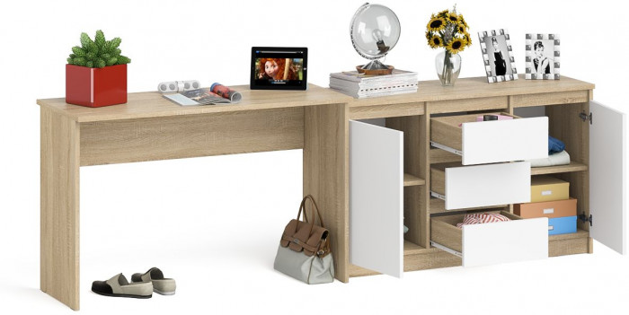 Мори Стол письменный МСП1200.1 + Комод МК1200.3, цвет дуб сонома/белый, ШхГхВ 240,8х50х76,6 см., универсальная сборка