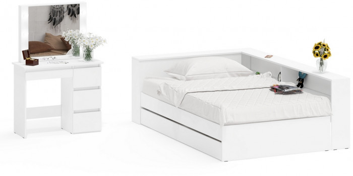 Ксения Кровать с ящиками 1200 + прикроватный блок + Столик с подсветкой Сура, белый