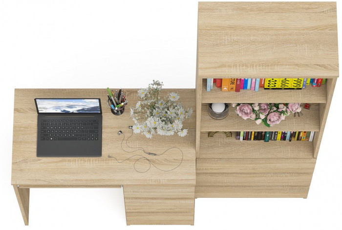 Мори компьютерный стол МС-6 правый + Стеллаж МСТ600.3, дуб сонома