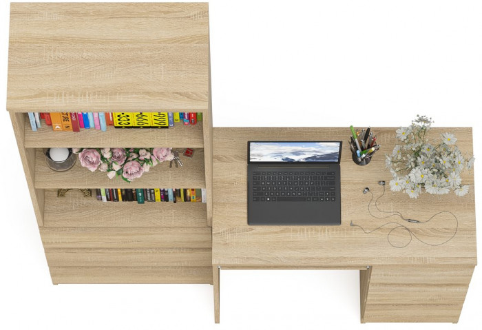 Мори компьютерный стол МС-6 правый + Стеллаж МСТ600.3, дуб сонома