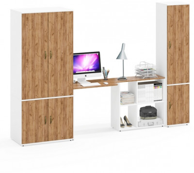 Лидер-8 Шкаф МД 19Б + Стол + Пенал 21Б, белый шагрень/крафт золото