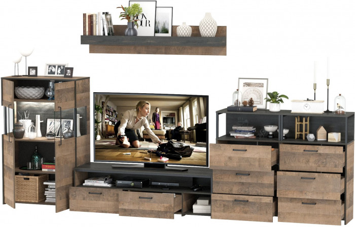 Трувор Гостиная 109, цвет дуб гранж песочный/интра, ШхГхВ 367,6х45,4х195 см., универсальная сборка