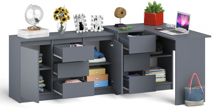 Мори компьютерный стол МС-16 левый + Комод МК1200.3, графит