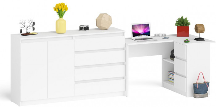 Мори Стол компьютерный МС-16 правый + Комод МК1600.1, цвет белый, ШхГхВ 284,8х84,9х94 см., выдвижные ящики справа, НЕ универсальная сборка