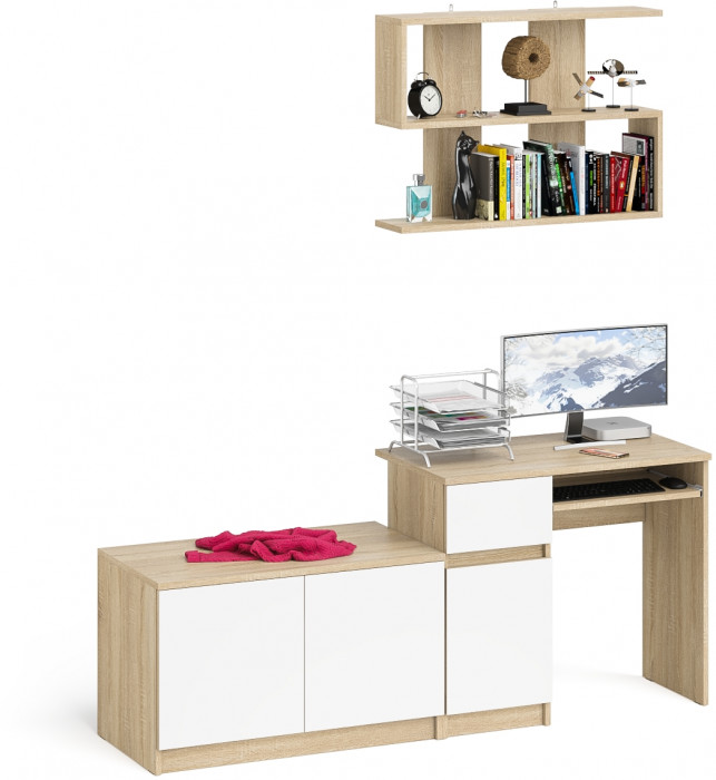 Мори компьютерный стол МС-1 левый + Тумба МА900.1 + Полка 900, дуб сонома/белый