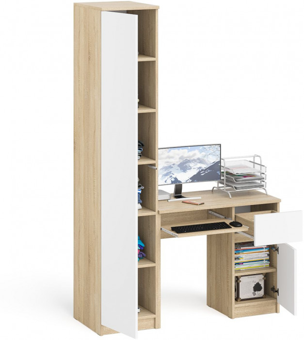 Мори компьютерный стол МС-1 правый + Пенал МШ400.1, дуб сонома/белый