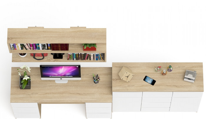 Мори компьютерный стол МС-2 + Комод МК1200.4 + Полка 1200, дуб сонома/белый