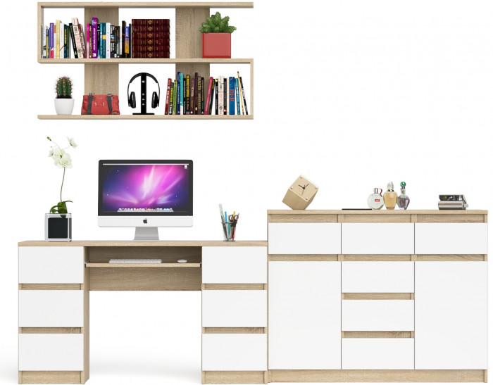Мори компьютерный стол МС-2 + Комод МК1200.4 + Полка 1200, дуб сонома/белый