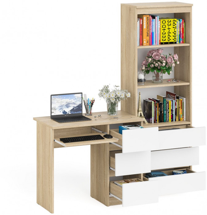 Мори компьютерный стол МС-6 правый + Стеллаж МСТ600.3, дуб сонома/белый