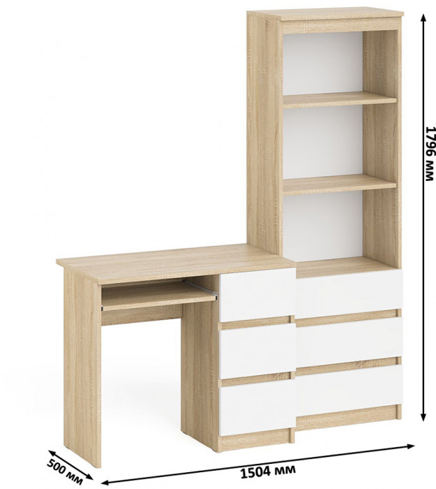 Мори компьютерный стол МС-6 правый + Стеллаж МСТ600.3, дуб сонома/белый