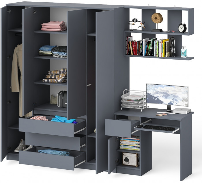 Мори Стол компьютерный МС-1 левый + Шкаф МШ1600.1 + Полка 900, цвет графит, ШхГхВ 250,4х50,4х209,6 см., НЕ универсальная сборка
