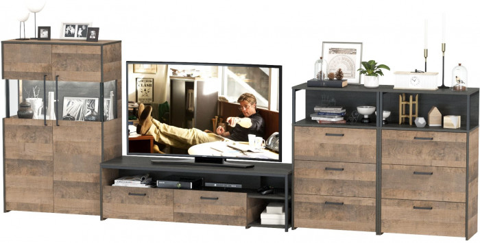 Трувор Гостиная 110, цвет дуб гранж песочный/интра, ШхГхВ 367,6х45,4х135,3 см., универсальная сборка