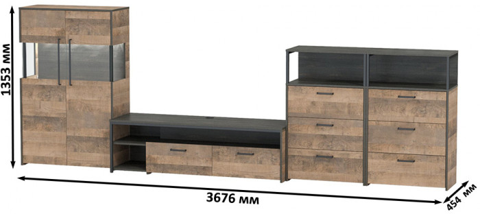 Трувор Гостиная 110, цвет дуб гранж песочный/интра, ШхГхВ 367,6х45,4х135,3 см., универсальная сборка