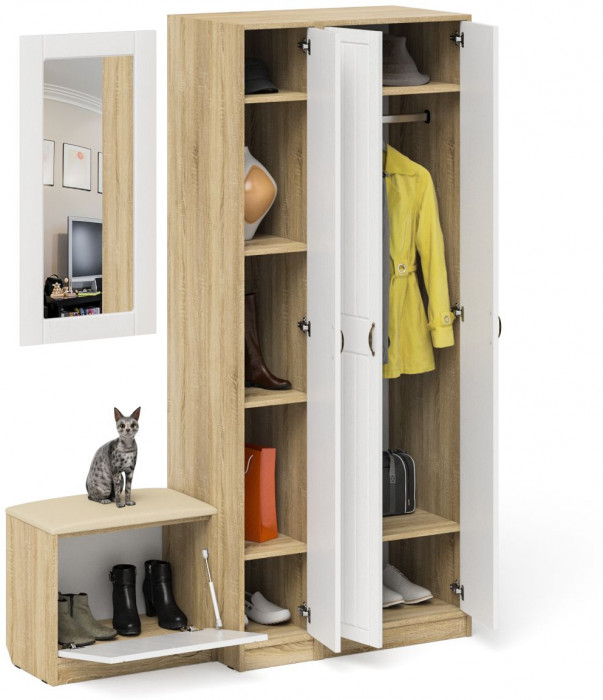 Прихожая П-6 Компоновка № 46, дуб сонома/фасады МДФ белое дерево фрезеровка прованс