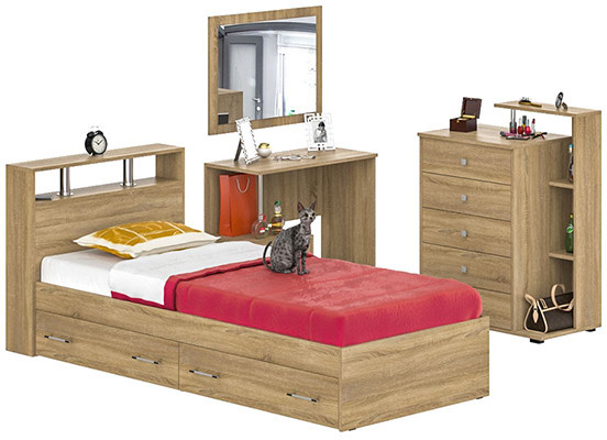 Камелия спальня № 14 Кровать с ящиками 900 + Стол косметический + Зеркало + Комод, дуб сонома