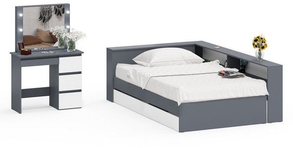 Ксения Кровать с ящиками 1200 + прикроватный блок + Столик с подсветкой Сура, графит/белый
