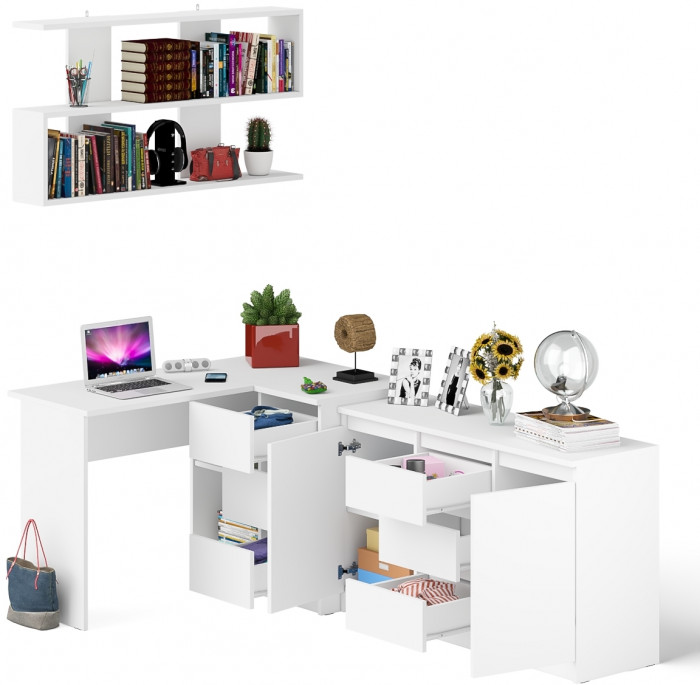 Мори компьютерный стол МС-16 правый + Комод МК1200.3 + Полка 1200, белый